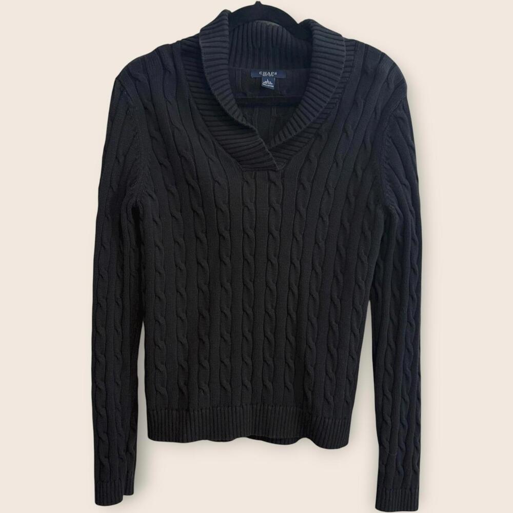 Chaps Women's Size Large Black Cable Knit V-Neck Sweater